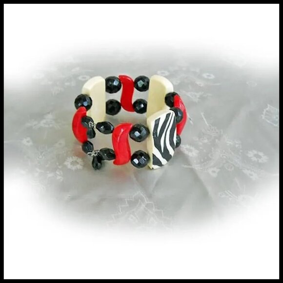 Retro Zebra Bangle Wide Bracelet Recycled Vintage One of a Kind Summer Jewelry - Picture 2 of 9